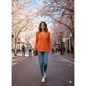 Bishuige Size L. Orange Long Sleeve 1/4 Button Front. Lagonlook, Cottagecore,...